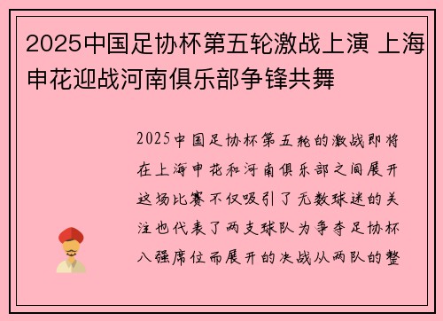 2025中国足协杯第五轮激战上演 上海申花迎战河南俱乐部争锋共舞