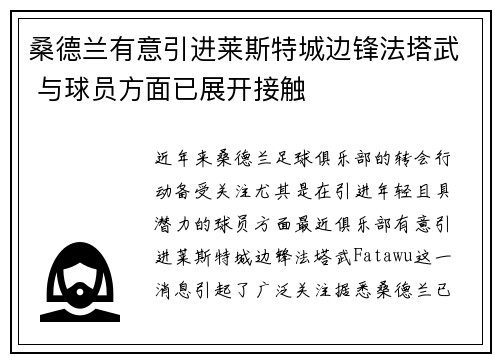 桑德兰有意引进莱斯特城边锋法塔武 与球员方面已展开接触